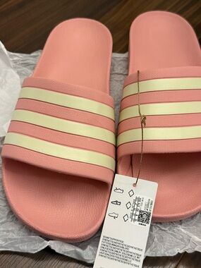 adidas Pink Slide Sandals with Cream Stripes